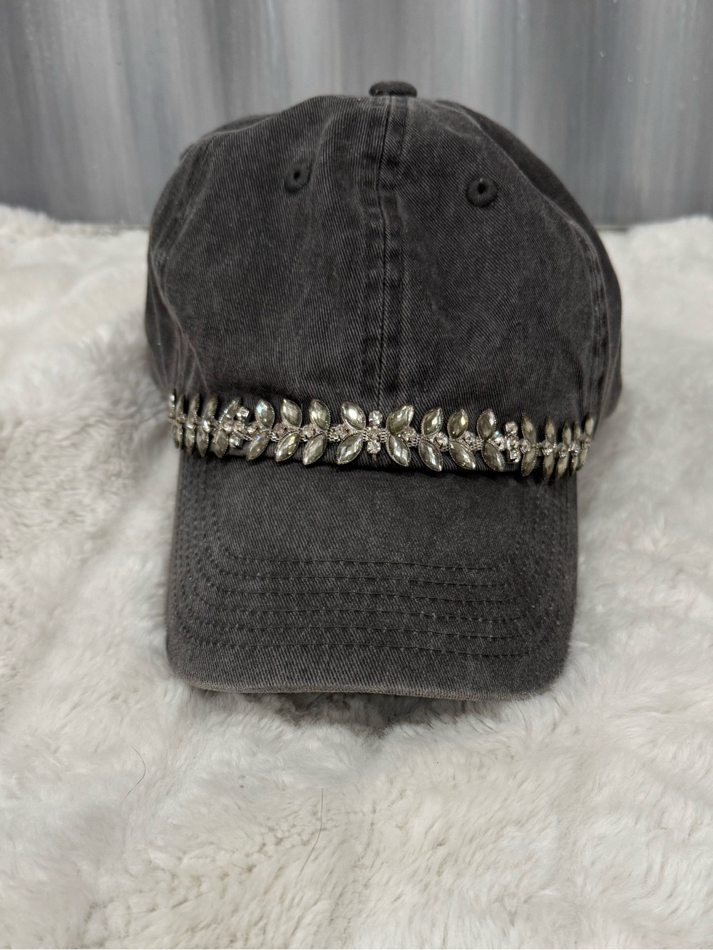 Buckle Embellished Dark Gray Baseball Cap with Crystal Leaf Trim